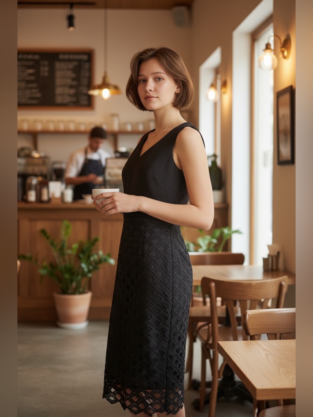 WHITE HOUSE BLACK MARKET black sheath midi dress ,cutout overlay. Size 0 Vneck